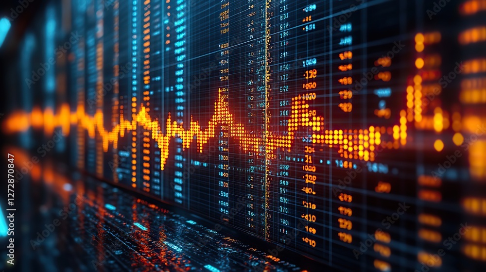 Poster detailed analysis display investment trading metrics,trends on stock market graph chart with indicat