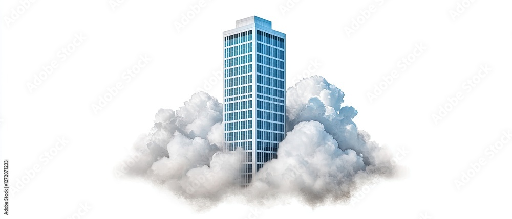 Poster a modern skyscraper rises above clouds, creating a striking contrast between architecture and nature