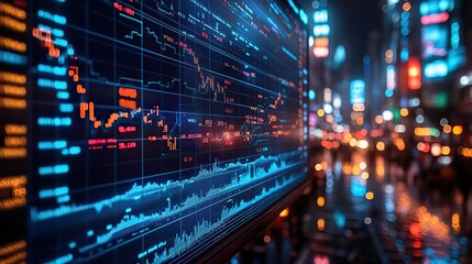 Naklejka premium detailed blue financial graph displaying stock market trends on led screen n essential tool for economic analysis,investment strategies