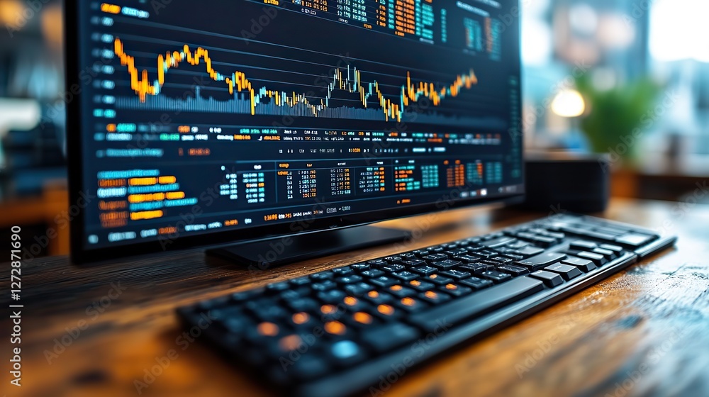 Poster detailed financial analysis high resolution computer monitor showcasing dynamic stock market graphs,