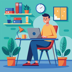 a boy is using his laptop vector