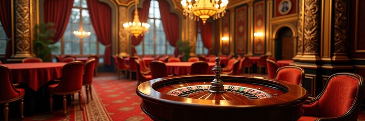 Luxurious casino interior featuring an elegant roulette table, rich red decor, and ambient lighting, perfect for luxury hospitality, gaming, and entertainment industries.