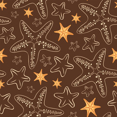 Marine pattern. Fish, anchor, octopuses, sharks, whales. Vector seamless pattern with decorative sea elements. Vintage background