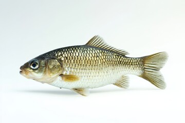 Fototapeta premium A single carp fish lies horizontally on a plain background