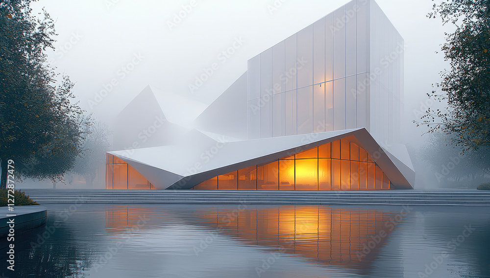 Aufkleber A contemporary building with a faceted structure, featuring a sleek, contemporary and parametric design with sharp geometric angles. Its translucent white exterior emits a soft, diffuse glow.