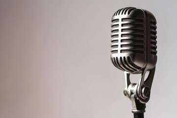 Shiny vintage microphone stands prominently against a neutral background