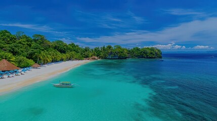 Fototapeta premium Tropical beach paradise with turquoise water and lush vegetation