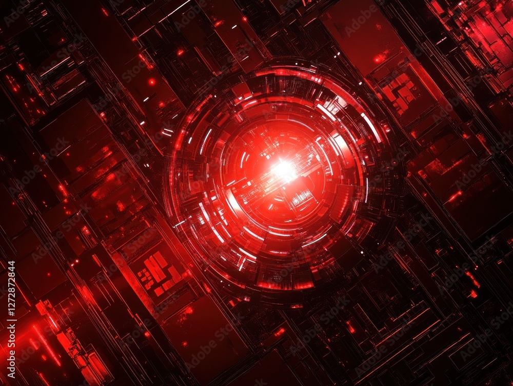 Poster abstract red digital design with glowing circular patterns