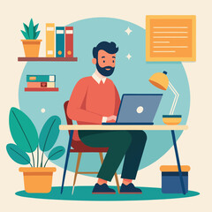 a boy is using his laptop vector