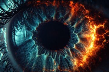 A close-up of a vibrant human eye showcasing a mesmerizing blend of blue and fiery orange colors, symbolizing passion and tranquility