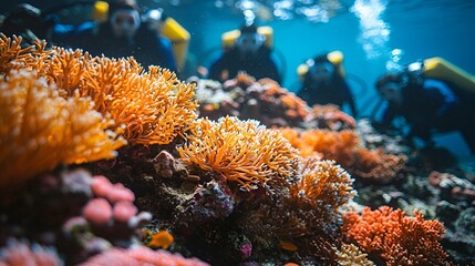 Fototapeta premium Underwater divers exploring coral reef