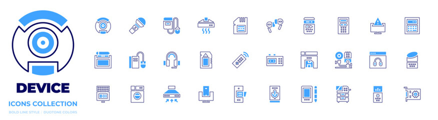 Device icon collection. Bold line style. Duotone colors. phone, headphones, kitchen hood, tablet, recorder, vacuum cleaner, voice, alarm, pop, graphic tablet, photocopier.