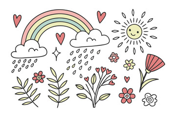 Fun & Cute Doodle Vector Set, Hand-Drawn Love, Nature, Fireworks & Weather Elements, Clouds & Creative Design