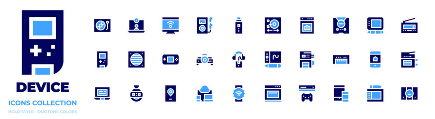 Device icon collection. Bold style. Duotone colors. oven, music player, projector, responsive, graphic tablet, smartphone, drawing tablet, game console, nicotine, audio guide, stopclock, ipad