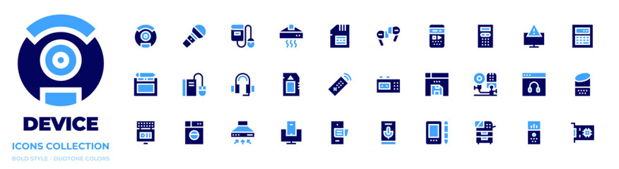 Device icon collection. Bold style. Duotone colors. phone, headphones, kitchen hood, tablet, recorder, vacuum cleaner, voice, alarm, pop, graphic tablet, photocopier, extensometer, host, calculator