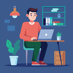 a boy is using his laptop vector