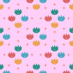 A pattern of colorful Ikat lotus flowers pattern for textile on light purple background.