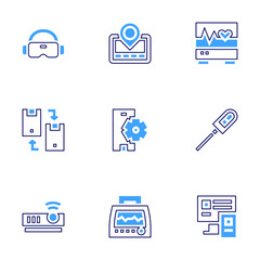 Device icon set. Bold line style. Duotone colors. Editable stroke. ecg, gps navigator, vr glasses, settings, vascular closure device, vital signs, multiple, change, projector