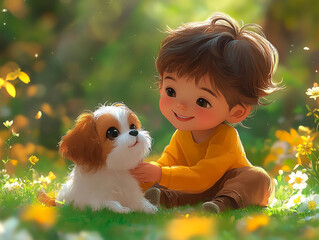 Cheerful cartoon boy hugging a cute puppy showing happiness and warmth with expressive eyes and joyful emotions in a vibrant colorful illustration depicting love for animals and childhood joy.
