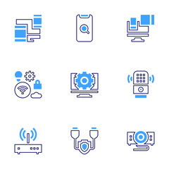 Device icon set. Bold line style. Duotone colors. Editable stroke. electronics, devices, search, settings, usb cable, iot, voice assistant, router device, projector device