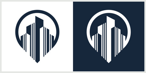 location and building logo design template with creative line art. pin logo illustration, map, location icon, building Premium Vector