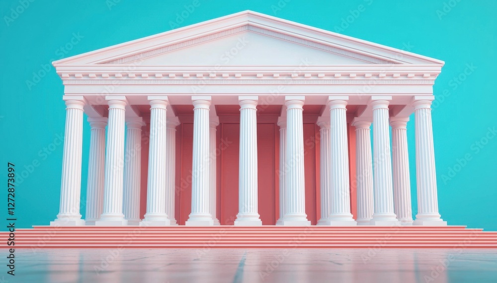 Poster a stylized architectural structure with classical columns, featuring a pastel color scheme and a vib