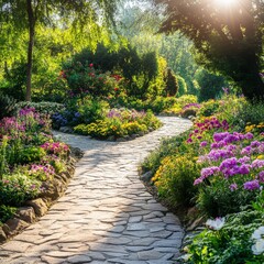 Obraz premium Serene Garden Pathway Surrounded by Colorful Flowers and Lush Greenery on a Bright Sunny Day in a Picturesque Nature Setting