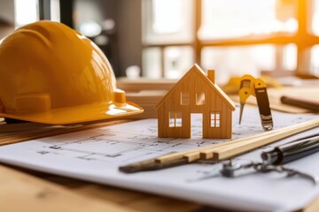 Architectural Blueprint with Miniature House Model and Hard Hat Symbolizing Construction and Design Innovation