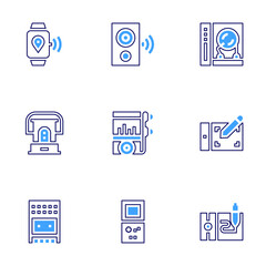 Device icon set. Bold line style. Duotone colors. Editable stroke. kerosene, recording, speaker, mp, dj, game console, graphic tablet, pen, smartwatch
