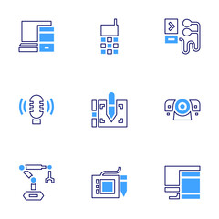 Device icon set. Bold line style. Duotone colors. Editable stroke. microphone, robotic arm, music player, projector, responsive, cellphone, graphic tablet
