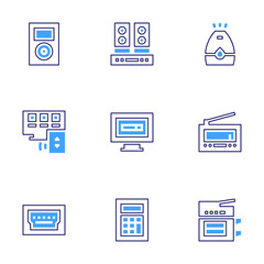 Device icon set. Bold line style. Duotone colors. Editable stroke. radio, copy machine, speakers, computer, calculator, music player, smart tv, hdmi port, air purifier