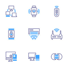 Device icon set. Bold line style. Duotone colors. Editable stroke. remote control, router, smartwatch, air conditioning, devices, pain management device, device, responsive