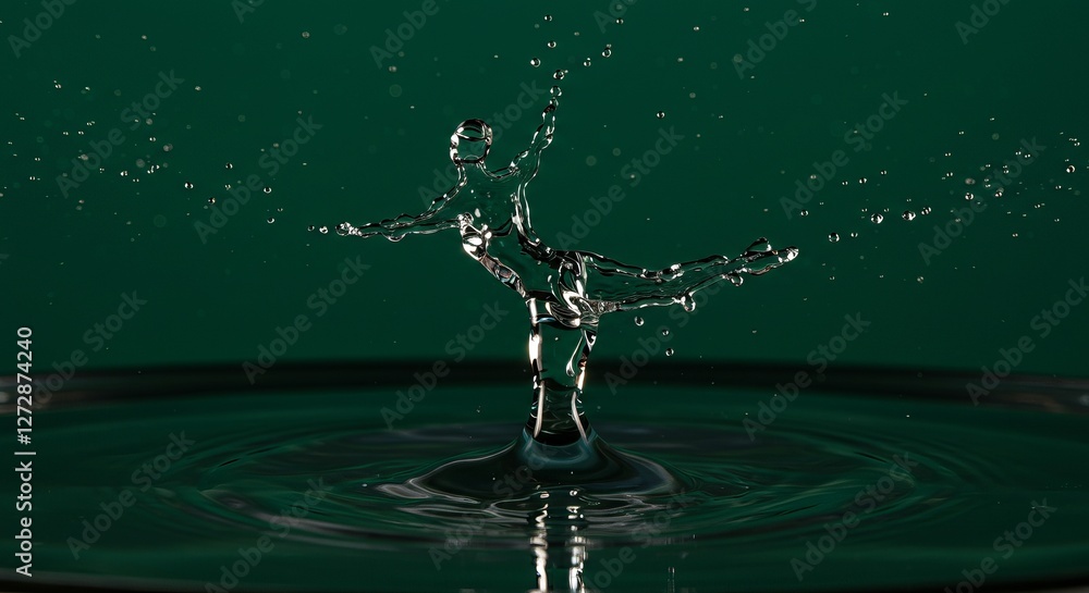 Poster dynamic water splashes creating a dancing figure on a dark green background