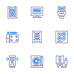 Device icon set. Bold line style. Duotone colors. Editable stroke. smart tv, ssd, turntable, graphic tablet, hob, water heater, speaker, sim card, network cable
