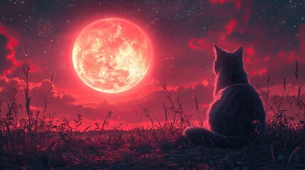 digital art of stargazing kitten in synthwave style bioluminescence glow in the dark vector cosmic background silhouette of a cat on the moon