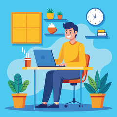 a boy is using his laptop vector