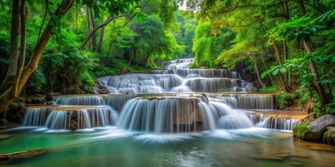 Serene cascade surrounded by dense foliage and vibrant greenery in a serene Pak Khlong landscape, cascade, serene