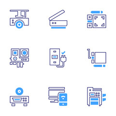 Device icon set. Bold line style. Duotone colors. Editable stroke. tablet, photocopier, dvd player, responsive, scanner, drawing tablet, projector, phone charger, action camera