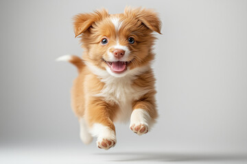 Golden-Hued Puppy Suspended in Midair: A Mesmerizing Moment of Playful Exuberance and Uncontained Canine Spirit