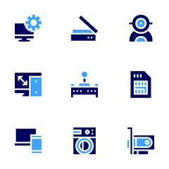 Device icon set. Bold style. Duotone colors. computer, responsive devices, laptop, webcam, remote control, washing machine, scanner, video card, sim card