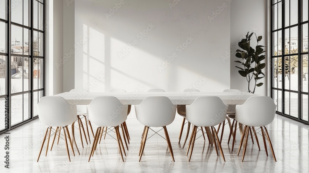 Poster A simple and modern dining room in a minimalist home, designed with clean lines and a super tidy aesthetic. The space features a sleek dining table with a smooth, light colored surface.