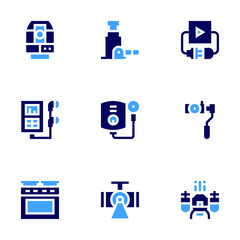 Device icon set. Bold style. Duotone colors. hydraulic jack, total station, water heater, music player, projector, plug and play, stabilizer, drone, oven