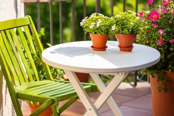 Serene Terrace Scene with White Round Table Green Chair and Blooming Flowers in Pots Capturing the Essence of Outdoor Living and Relaxation