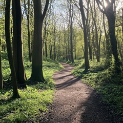 Fototapeta premium Serene Pathway Through Lush Green Forest Illuminated by Soft Sunlight, Inviting Nature Walks and Outdoor Adventures in Tranquil Woodlands