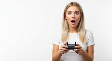 Fototapeta premium Astonished Woman Holding Drone Remote Control