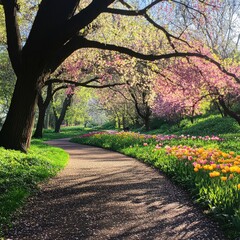 Fototapeta premium Serene Spring Pathway Among Vibrant Tulips and Blooming Trees in a Sunlit Park, Offering a Tranquil Escape into Nature's Colorful Abundance