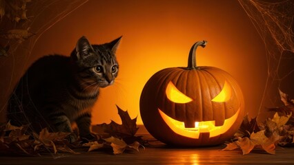 A playful cat next to a carved pumpkin in a Halloween setting.