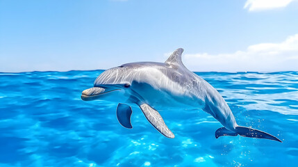 Fototapeta premium Dolphin leaping ocean turquoise water sunny day