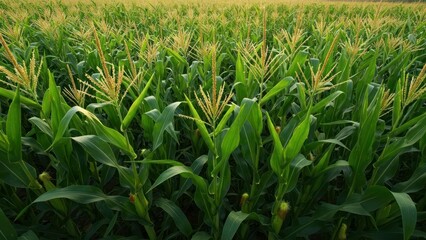 Obraz premium Lush cornfield thriving under sunlight, ideal for agriculture-related themes.