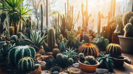 Vibrant Indoor Cactus Garden with Various Greenery in Sunshine